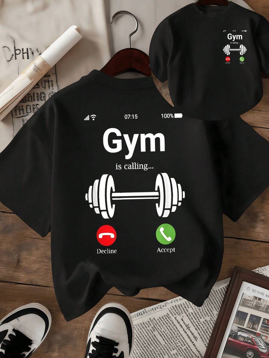 Llamada del gimnasio que simboliza la motivación diaria y la fuerza interior para aceptar el reto personal y mejorar el cuerpo cada día camiseta de mujer de doble estampado casual moderna para entrenar - Negro - Ver 1