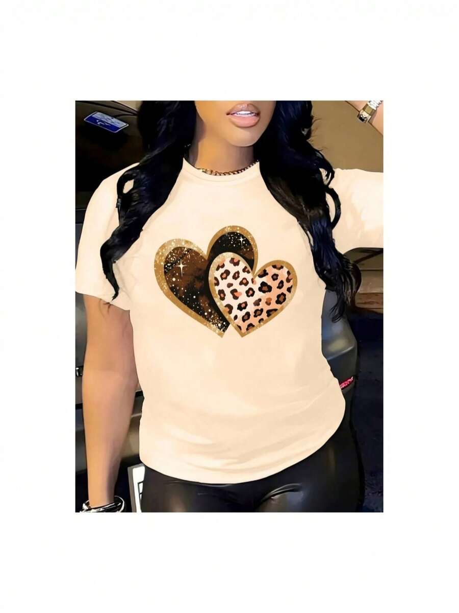 Women's Casual Summer T-Shirt With A Round Neck, Fitted Cut, And Short Sleeves. Features An Oil Painting Print With Floral, Heart, Cherry, And Lettering Motifs. Simple, Casual Fabric With A Sporty Style, Ideal For Everyday Wear And Valentine's Day Dates. 1 Piece, 180 G Weight, 95% Polyester, 5% Spandex. Pure Cotton T-Shirt. - 杏色 - 查看 1