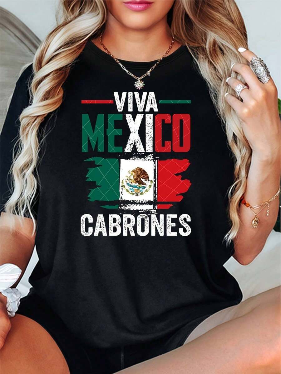 Camiseta Gráfica Viva México para Mujer, Diseño de Águila y Bandera Mexicana, Estampado Rojo y Verde, Camiseta de Cuello Redondo de Algodón Suave, Lavable a Máquina, Ropa Casual Urbana para Festivales, Celebraciones Culturales, Camiseta Gráfica con Estampado Duradero Y2k - Blanco - Ver 1