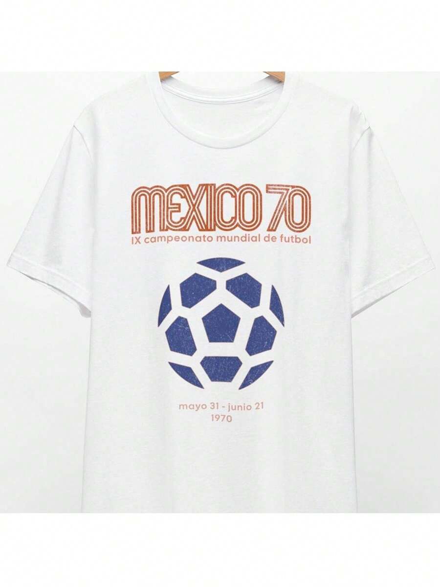 Retro White Short-Sleeved T-Shirt 'MEXICO 70' - Football Shirt With Football Graphic In Blue And White, Spanish Text 'IX World Football Championship' And Dates 'May 31 - June 21, 1970' - Ideal For Football Fans And Lovers Of Sports History. - 黑色 - 查看 1