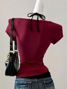 Camiseta de mujer casual de cuello en V retro, con atar, de manga corta y contraste de color, adecuada para el verano - Multicolor 5 - Ver 3