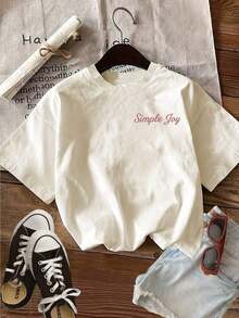 Camiseta Casual de Mujer para Primavera/Verano con Estampado de Doble Cara, Estilo Fresco con Estampado Floral Rosa, Simple Felicidad para Liberar la Dulzura Interior, Camiseta de Moda de Manga Corta con Cuello Redondo, Ropa para el 4 de Julio para Mujer, Día del Partido de la Copa Mundial, Camiseta Suave y Ligera, Fácil de Combinar con Todos los Atuendos. Camiseta gráfica de algodón 100% para mujer, estilo Brokey Y2K, cuello redondo, corte holgado. - Albaricoque - Ver 2
