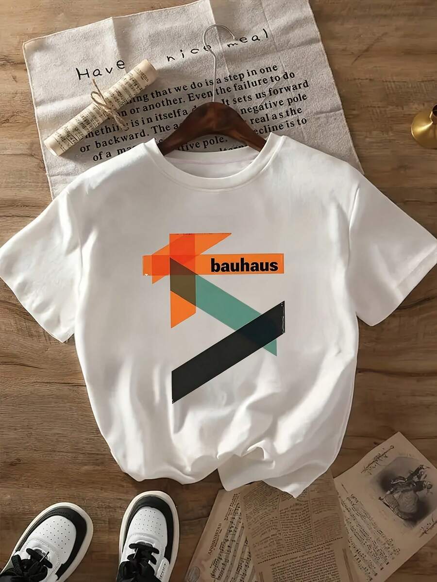 Women's Bauhaus-Inspired T-Shirt - White T-Shirt With Orange/Black/Teal Accents - Minimalist Architectural Design Y2K - Ideal For Casual And Formal Wear In All Seasons - Machine Washable - Birthday/Holiday Gift For Women, Versatile T-Shirt, Graphic Design Clothing, Non-See-Through Fabric, Y2K T-Shirt - 黑色 - 查看 1