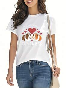 Guinea Pig Print T-Shirt, Short Sleeve, Round Neck, Women's Clothing, Unique And Modern, Versatile For Casual Wear At Home Or Out, Suitable For Daily Outfits And As A Gift, Pure Cotton Print T-Shirt For Women. - 白色 - 查看 1