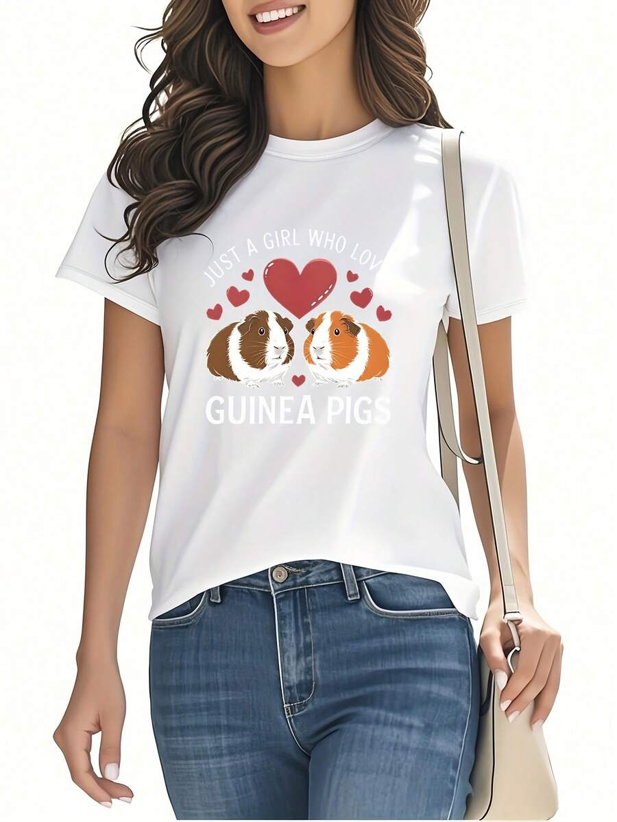 Guinea Pig Print T-Shirt, Short Sleeve, Round Neck, Women's Clothing, Unique And Modern, Versatile For Casual Wear At Home Or Out, Suitable For Daily Outfits And As A Gift, Pure Cotton Print T-Shirt For Women. - 白色 - 查看 1