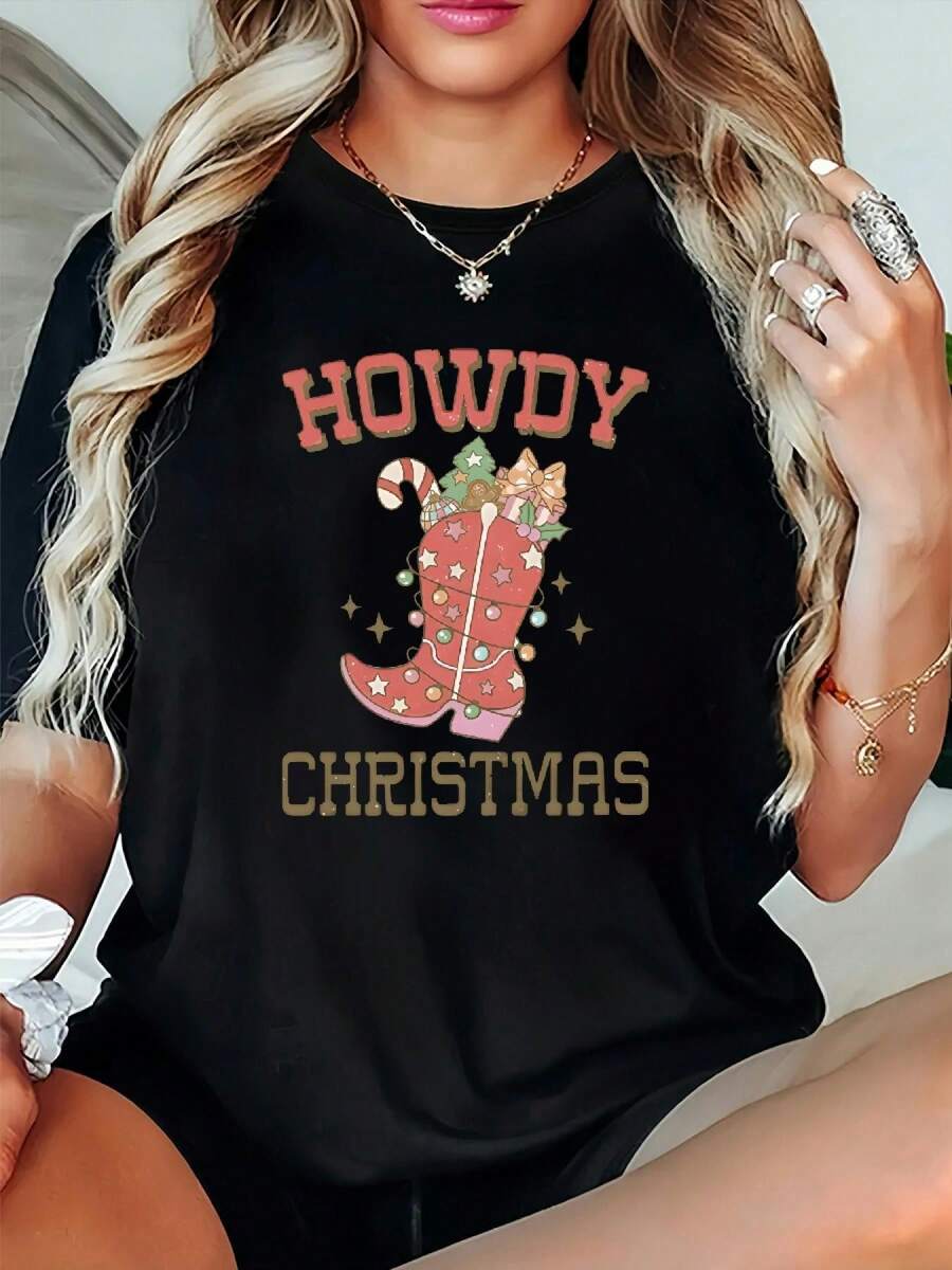 Talla Grande - Camiseta Vaquera Navideña de Manga Corta con Estampado de Vaca de las Tierras Altas Escocesas, Cuello Redondo y Diseño Festivo Navideño para Año Nuevo 2026. Top Moderno y Versátil, Cuello Redondo, Tela Ligeramente Elástica, Camiseta Y2k. - Blanco - Ver 1