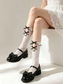 1 đôi tất dài đến đầu gối có nơ ren dành cho nữ, kiểu dáng Lolita dễ thương và ngọt ngào, tất thun co giãn đến giữa bắp chân. - Nhiều màu - Xem 2