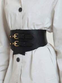 1pc Women's Versatile Black & Gold Double Buckle Adjustable Waist Belt, Suitable For Daily, Party, Commute And Other Occasions - Black - View 3