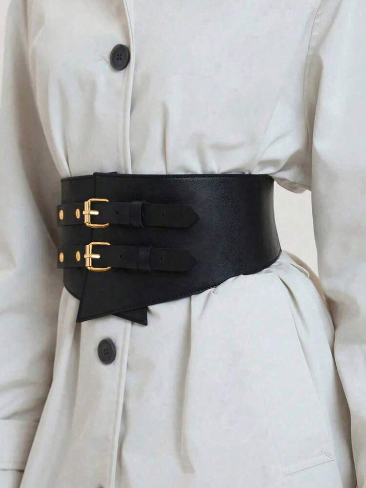 1pc Women's Versatile Black & Gold Double Buckle Adjustable Waist Belt, Suitable For Daily, Party, Commute And Other Occasions - Black - View 3