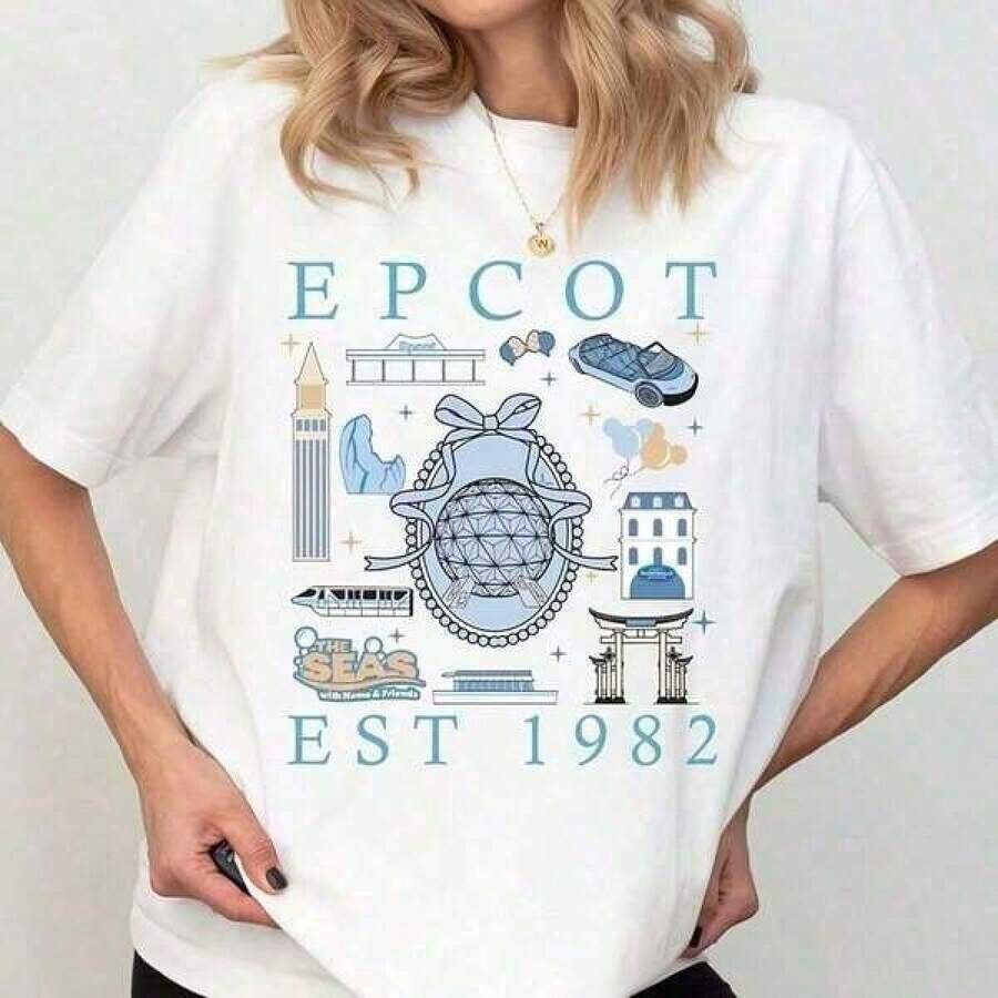 Camiseta Epcot Est 1982 World, Camiseta Epcot Mirror, Camiseta Around World, Land Family, Camiseta de algodón para mujer Epcot Center Park Swea220g, Camiseta de cuello redondo gruesa y suave, Camiseta corta estampada para mujer, Top casual de estilo retro estético adecuado para chicas y mujeres, Camiseta holgada de moda de verano adecuada para viajes, uso diario en la calle, trabajo o para relajarse, Ropa vintage para mujer, Ropa para mujer. - Blanco - Ver 1