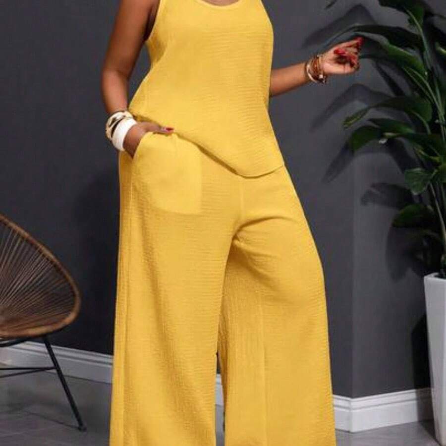Slayr 2025 New Spring/Summer Plus Size Women's Vintage Western/Tropical/Music Festival/Club/Road Trip/Casual Street/City Vacation/Graduation Date/Elegant Vacation 2-Piece Set - Loose Sheer Textured Fabric U-Neck Sleeveless Tank Top With Elastic Waist Palazzo Pants - Amarillo - Ver 1