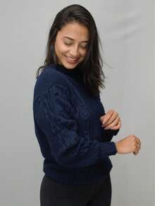 Women's Red Ribbed Knit Sweater With A Wool-Like Feel, Warm Long-Sleeved Top With A Crew Neck For Autumn And Winter. - 藏蓝色 - 查看 2