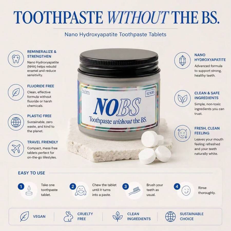 Nano Hydroxyapatite Toothpaste Tablets, Fluoride Free, Plastic Free, Travel Friendly, Remineralizing With NHA - NOBS62 - 查看 1