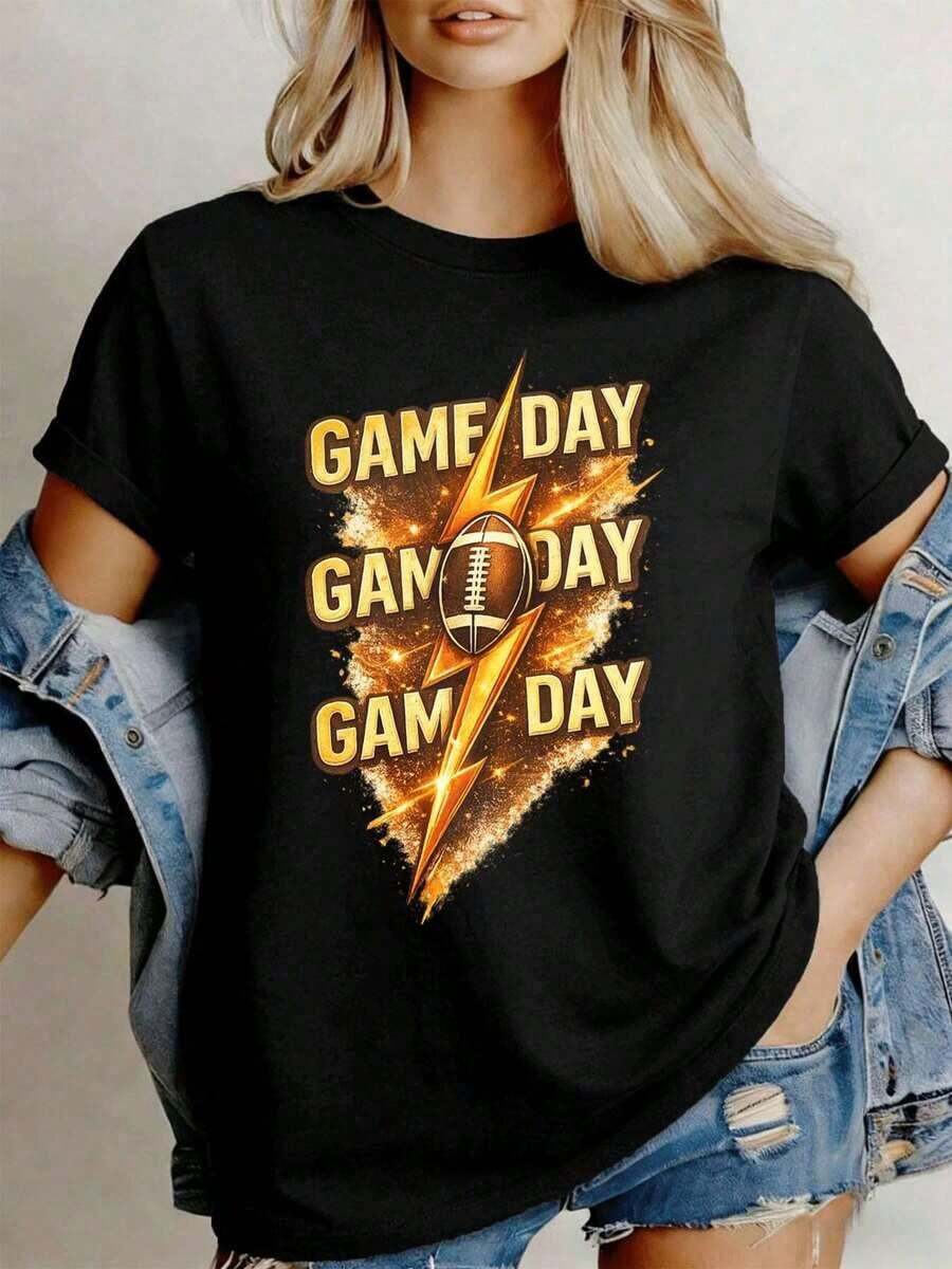 Game Day Lightning Football Women's Crew Neck Loose Fit Casual Relaxed Fit Art Print T-Shirt woman Todo tipo de impresiones, chaqueta, camiseta de cuello redondo, casual, para oficina, para viajar, muy popular, viento deportivo, estampado/patrón, camiseta de algodón 100%, camiseta casual, cómoda, suave, transpirable The latest popular bestseller - Negro - Ver 1