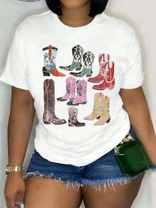 1 Piece Of Women's Retro Western Graphic Tee Featuring "Boots On The Ground" Design, Cowboy Boots And Hat, Vibrant Print, Casual Short Sleeves, Ideal For Travel, A  Festival Top, Comfortable Crew Neck Short Sleeve Tee For Casual Wear And Themed Events Or As A Gift. 180g 100% Cotton, All Designs Are Printed. Unisex. - 白色 - 查看 6