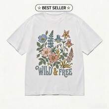 Playera Blanca/Negra con Diseño "Wild & Free", Camiseta Holgada con Flores y Frase Inspiradora, Estilo Boho y Vintage para Primavera/Verano - Blanco - Ver 8