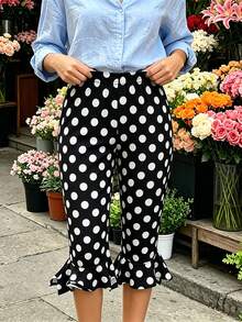 Womens Summer Knee Length Leggings Slim Fit Stylish Dot Print Ruffled Trim Mid Rise Capri Pants - Negro - Ver 4