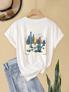 Camisetas de Mujer con Estampado de Paisaje de Cactus en Arizona, Ropa Casual Holgada y Suave, Estilo Vintage Urbano, Unisex, de Algodón 100% Puro, Manga Corta, Cuello Redondo - Blanco - Ver 6