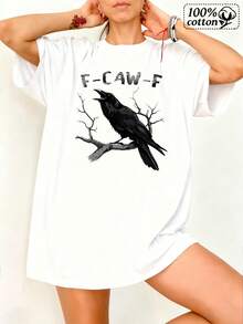 Camiseta de moda de mujeres con estampado frontal blanco cuervo y rama con texto F Caw F cómodo desgaste casual para salidas cotidianas y estilo cajero - Blanco - Ver 2