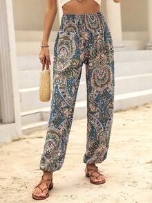 Pantalones jogger con estampado de paisley de cintura fruncido - azul real - Ver 6