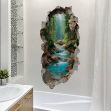 1 pieza Pegatina de pared 2D con diseño de pared rota, bosque y arroyo, diseño de agujero 3D, decoración de pared de fondo para baño - Multicolor - Ver 7