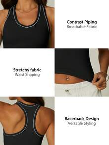 NcmRyu 1 pieza Camiseta deportiva de mujer de cuello redondo, ajustada y corta, con contraste de color, de espalda de tirantes, suave y cómoda - Negro - Ver 3
