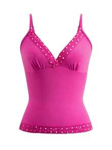 Top de tirantes finos estilo Y2K, de color sólido, sin espalda, ajustado y sexy, con encaje, estilo urbano para graduaciones, ideal para la playa en verano, citas, festivales de música, 4 de julio y más ocasiones informales. - Rosa Fucsia - Ver 3