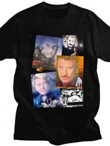 playeras de mujer 2026 Custom French Singer Rock Music Johnny Hallyday T Shirt for Men Women Tshirt Casual Tee Short Sleeve T-shirts Slim Fit - Negro - Ver 1