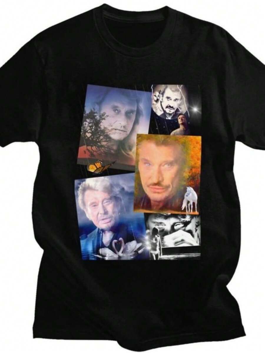 playeras de mujer 2026 Custom French Singer Rock Music Johnny Hallyday T Shirt for Men Women Tshirt Casual Tee Short Sleeve T-shirts Slim Fit - Negro - Ver 1