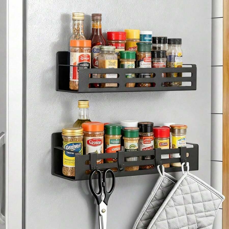 2 Magnetische Metall-Ablagen Mit 4 Haken Für Kühlschrank, Herd & Waschmaschine – Rostfreie Aufbewahrungslösung Für Gewürze, Tücher & Küchenutensilien - Übersicht 1
