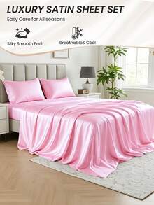 South Life 3/4pcs Satin Fitted Sheet Set, Bedding Set, Bed Sheets, Solid Color Bed Sheet Set, Mattress Cover Set, Skin-Friendly Bed Cover Set,  Smooth, Soft And Comfortable Bedding For Bedroom, Mattress Protector For Bedroom, 1pc Flat Sheet, 1pc Fitted Sheet With 1/2pcs Pillowcase, Deep Pocket, For Single, Twin, Full, Queen And King Bed Sizes, Machine Washable, Fathers Day Decor, Birthday Decorations, Grad Party Decor, Fathers Day Gift, Graduation Gifts, Birthday Gifts - Pink - View 8