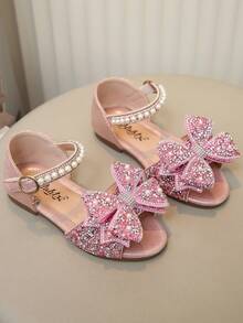1 Pair Children's Sandals With Rhinestone, Pearl, Bow Decor, PU Patchwork Round Toe, Suitable For Daily Wear, Dance, Outdoor, Festivals, Parties, Glitter Princess Shoes, Fit For Spring, Summer, Autumn - Pink - View 2