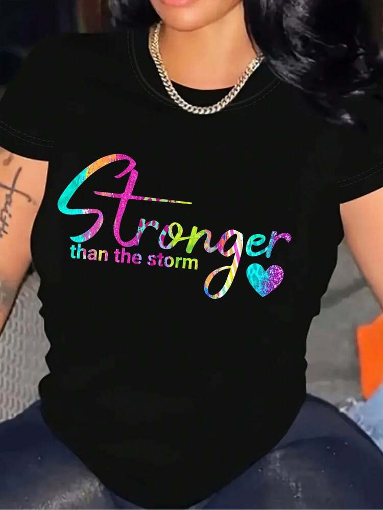 Women's T-Shirt With Inspirational Phrase "Stronger Than The Storm" Colorful Heart Print Short Sleeve Round Neck Casual Soft - màu đen - Xem 7
