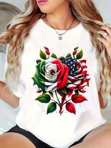 Camisetas de algodón con cuello redondo y estampado gráfico para mujer, camisetas de manga corta casuales de gran tamaño con estampado de rosas de la bandera mexicana y americana, camisetas unisex, camisetas de moda de primavera y verano para mujer. - Blanco - Ver 1