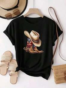 GiftCamiseta femenina estilo western casual con estampado colorido de botas y sombrero, material cómodo, corte holgado, cuello redondo, manga corta, primavera verano, para uso diario y combinaciones versátilesSoft - Negro - Ver 3