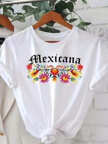 Gift Mexican Floral Print T-Shirt - Short Sleeve, Crew Neck, Casual Top, Vibrant Colors, Machine Washable, Comfortable Fit For All Seasons, Mexican T-Shirt, Spring Outfit, Festive Fashion, Durable Fabric, 1 Piece Winter Clothing, Unisex For Women And Men, Soft - 白色的 - 查看 7