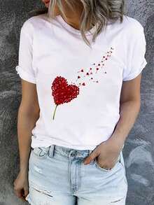 Camiseta de mujer moderna, informal, para fiestas y para estar en casa, 100% algodón, corte holgado..HeartPrintCrewNeckT-Shirt,CasualShortSleeveTopForSpring&Summer,Women'sClothing-VintageStreetStyleUnisexLooseCottonShortSleeveCrewNeckT-Shirt - Blanco - Ver 6