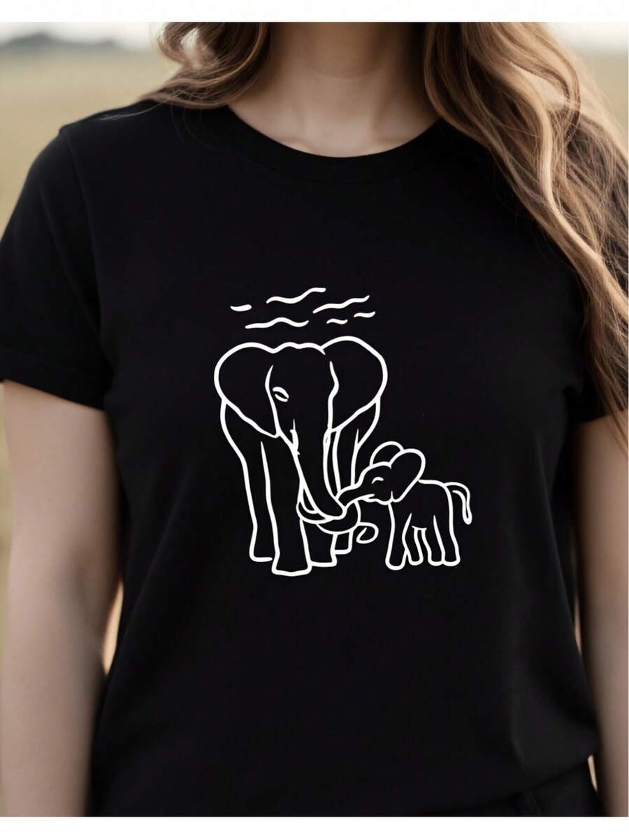 Women's Casual T-Shirt With Elephant Family Print For Nature Lovers, Summer Outdoor Wear, 2D Style, Cute Blouses For Women, Casual Women's T-Shirt, Loose And Slightly Stretched Design, Y2k T-Shirt, Shirt - 黑色 - 查看 1