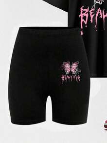 Conjunto de camiseta y pantalones cortos de ciclista con estampado gráfico de número 13 y eslogan, de moda casual para mujer - Multicolor 2 - Ver 4