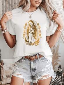 Soft, 100% Cotton Women's T-Shirt, Casual Style, With A Gold Print Of Our Lady Of Guadalupe, Embodying Faith And Cultural Style. This Breathable And Lightweight Crew Neck T-Shirt Is Perfect For A Spring And Summer Wardrobe. Breathable Cotton T-Shirt, Goes With Everything. - 白色 - 查看 6