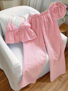 casual de 2 piezas de mujer con rayas tejidas, para primavera/verano - Rosa Pálido - Ver 6