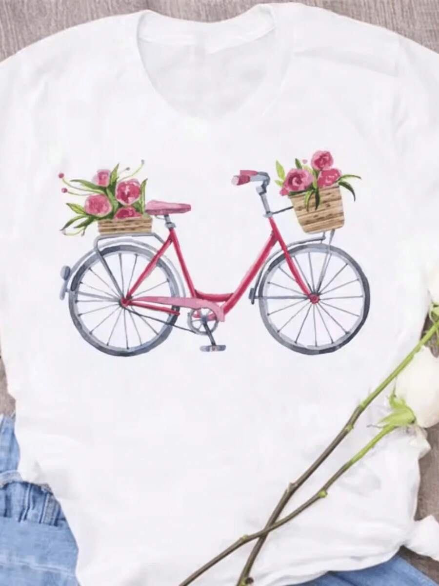 Designed For Modern, Stylish, And Comfortable Women, This Fun Floral Bicycle Print T-Shirt In Harajuku Style Is Perfect For Casual Outings. Made With Premium Soft And Breathable Fabric, It's Designed For All-Day Comfort And Versatile Everyday Wear. - 白色 - 查看 1