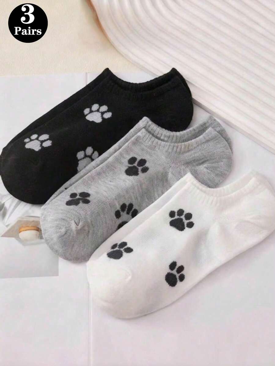 3 đôi tất nữ mỏng kiểu thuyền cho mùa hè, họa tiết hình dấu chân mèo hoạt hình, màu đen/trắng/xám - Nhiều màu - Xem 1