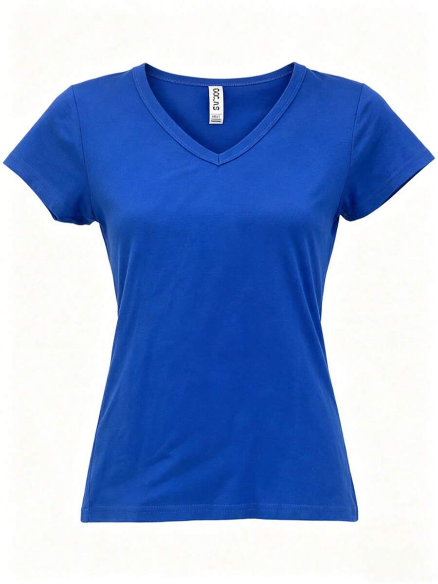 Women's Basic Blue V-Neck T-Shirt, Short Sleeve, Slight Stretch, Casual Everyday Top - azul real - Ver 1