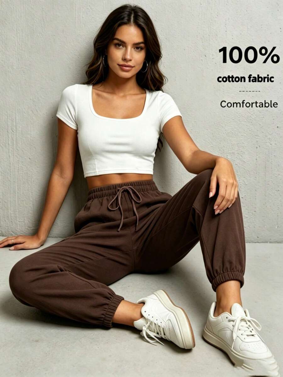Pantalones de trabajo para mujeres en unicolor con cordón elástico en el puño, adecuados para primavera y verano - Café integral - Ver 1
