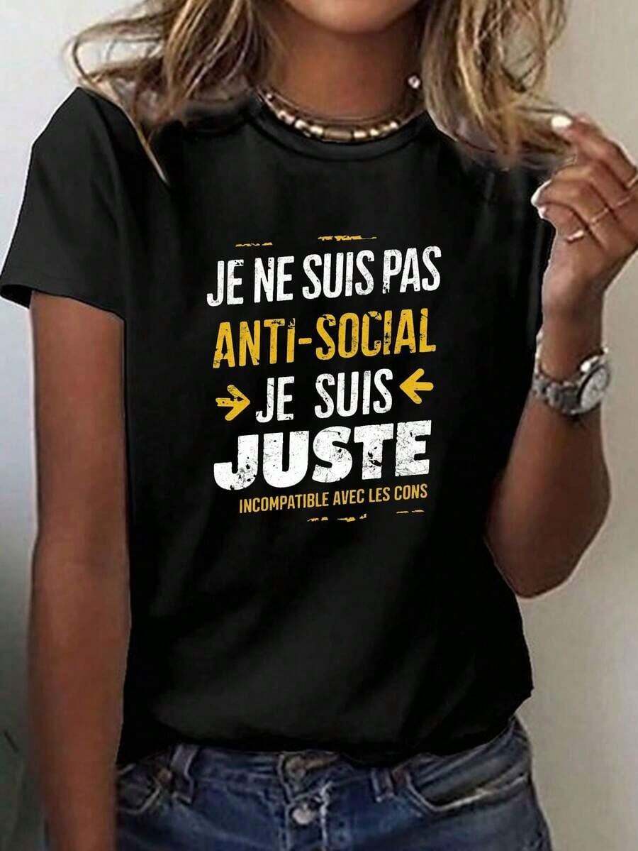 Women's Short-Sleeved T-Shirt With The Fun Slogan "I'm Not Antisocial" - Compatible With Prints, Round Neck, Short Sleeves, Casual Fit, Medium Elasticity, Ideal For Casual Spring And Summer Outfits. - 黑色 - 查看 1