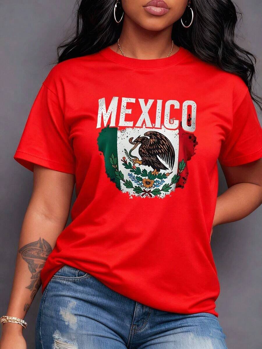 The Eagle Devouring A Snake On A Cactus Symbolizes The Strength And Hope Of The Mexican Spirit, Representing Pride, Independence, And Love For The Homeland, Inspiring Unity And Courage. Women's T-Shirt, 100% Cotton, Maija Women's Curvy. - 紅色 - 查看 1