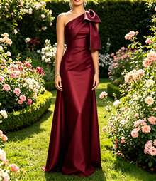 Elastic Satin Asymmetric Neck Fitted Cocktail Dress - Burgundy - View 1