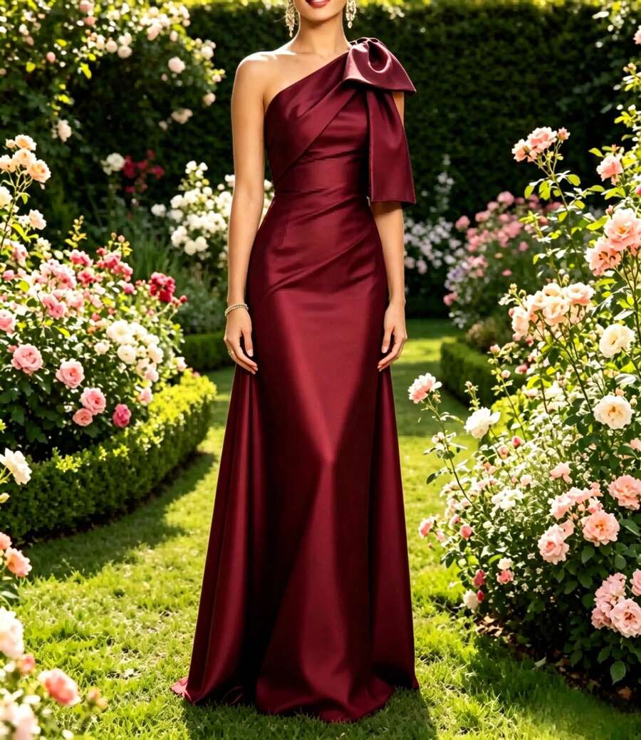 Elastic Satin Asymmetric Neck Fitted Cocktail Dress - Burgundy - View 1