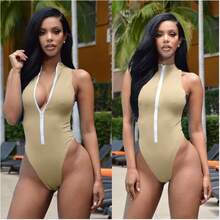 European And American Style Sexy Push-Up Bikini Women's One-Piece Zipper Swimsuit - 黃色 - 查看 3